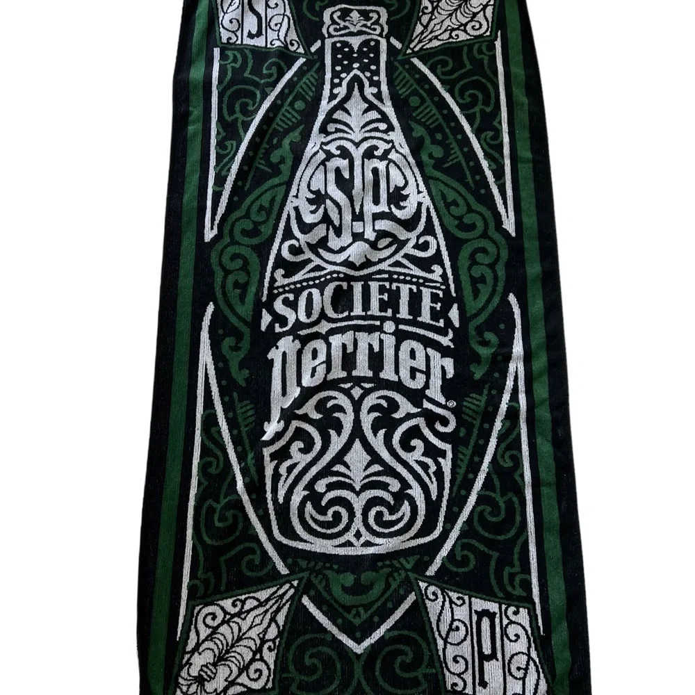 Vintage Societe Perrier Green Black Bath Beach Towel Bottle Made USA 30” By 66”